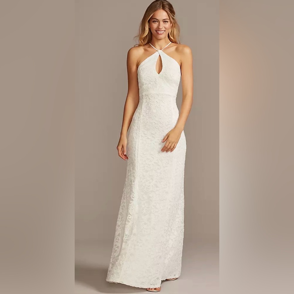 DB Studio Chic White Lace Halter Keyhole Dress with Lace-Up Back